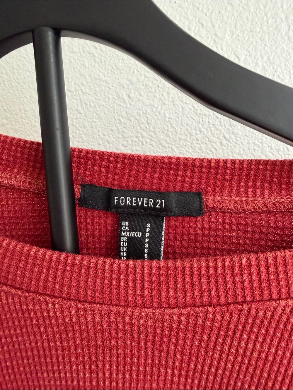 Cropped Distressed Red Waffle-Knit Long-Sleeve Top - Picture 2 of 6